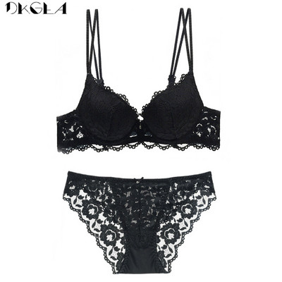 Komplet seksi donjeg rublja s vezom Čipkani plavi grudnjak ABC košarica Debeli pamuk Ženski push up grudnjak i komplet gaćica Brand donje rublje Deep V