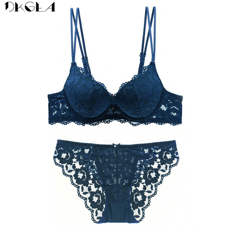 Komplet seksi donjeg rublja s vezom Čipkani plavi grudnjak ABC košarica Debeli pamuk Ženski push up grudnjak i komplet gaćica Brand donje rublje Deep V