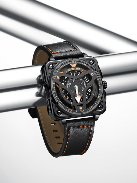 Vandeniui atsparus vyriškas laikrodis su kvadratiniu ciferblatu ir ekologiškos odos apyranke