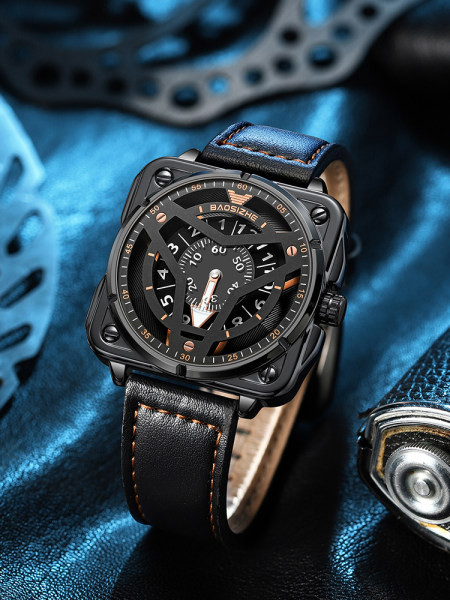 Vandeniui atsparus vyriškas laikrodis su kvadratiniu ciferblatu ir ekologiškos odos apyranke