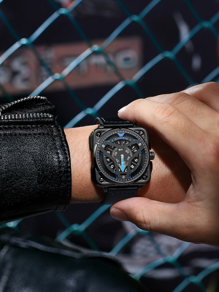 Vandeniui atsparus vyriškas laikrodis su kvadratiniu ciferblatu ir ekologiškos odos apyranke