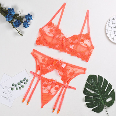 Új hímzett virágos áttetsző hálós fehérnemű szett női csipke, légáteresztő, összegyűjtött alsódrót nagy masni melltartó és harisnyatartó bugyi 3PS