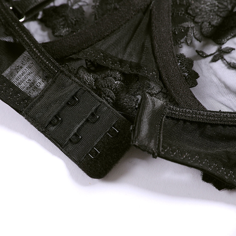 Új hímzett virágos áttetsző hálós fehérnemű szett női csipke, légáteresztő, összegyűjtött alsódrót nagy masni melltartó és harisnyatartó bugyi 3PS