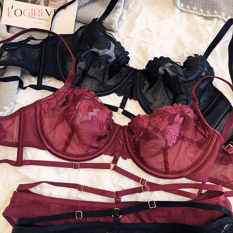 Logirlve felső női csipke fehérnemű szett hímzős melltartó szett Ultravékony BCD Cup melltartó átlátszó melltartó Push Up szexi fehérnemű szett