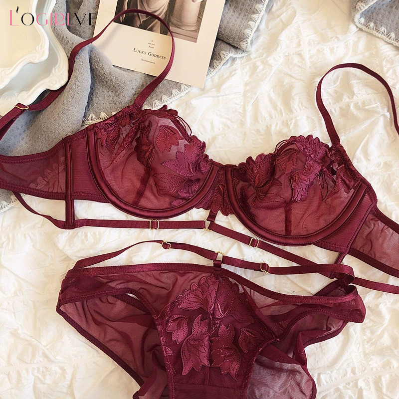 Logirlve felső női csipke fehérnemű szett hímzős melltartó szett Ultravékony BCD Cup melltartó átlátszó melltartó Push Up szexi fehérnemű szett