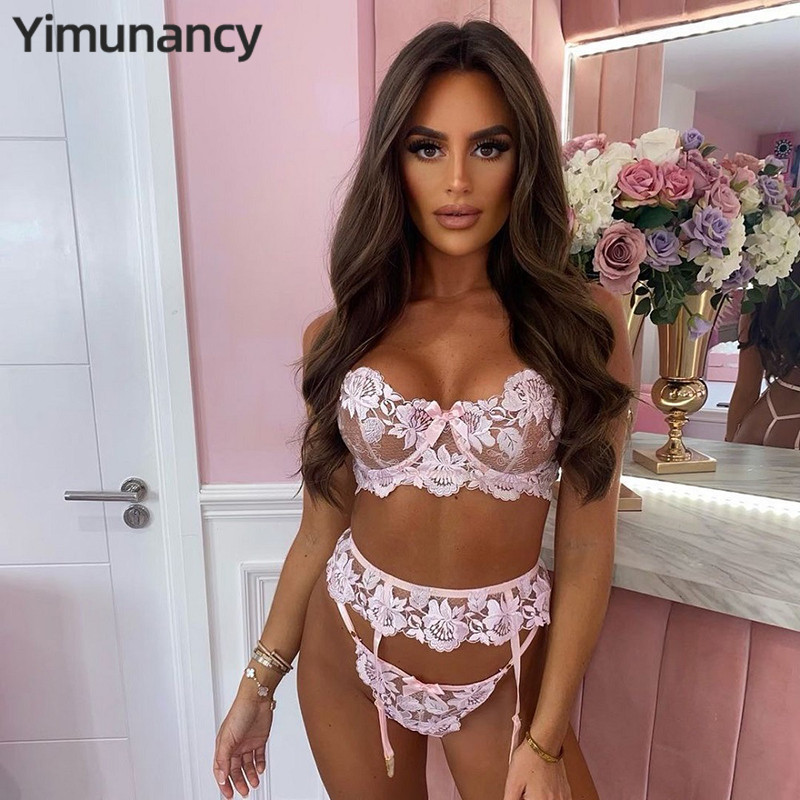Yimunancy 3 részes hímzéses csipke melltartó szett női masnis melltartó aládrót + bugyi fehérnemű szett női 2 színű szexi fehérnemű szett