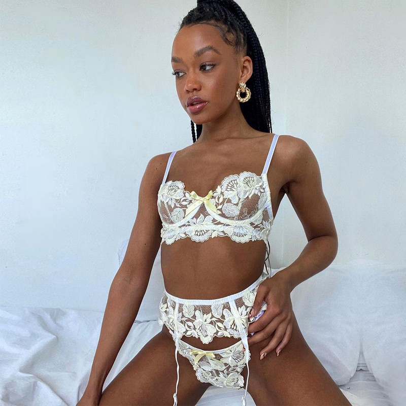 Yimunancy 3 részes hímzéses csipke melltartó szett női masnis melltartó aládrót + bugyi fehérnemű szett női 2 színű szexi fehérnemű szett