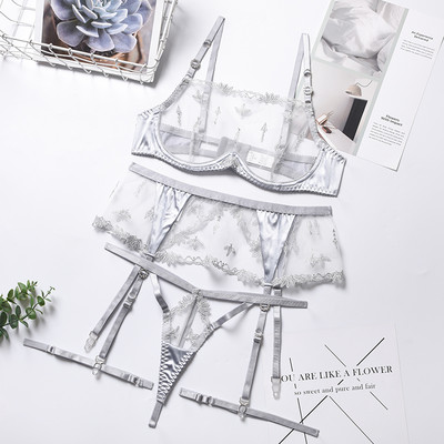 2021 új csipke szatén hímzés virág fehérnemű átlátszó szexi harisnyakötő öltöny női melltartó és bugyi szettek fehérneműk Feminina