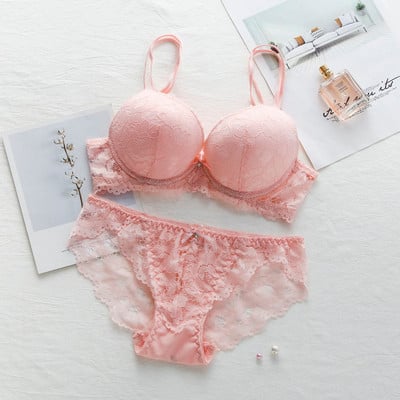 Új divat szexi Push Up melltartó szett Deep V melltartó vastag fehérnemű szett csipke női fehérnemű szett pamut kényelmes AB kupa