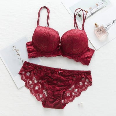 Új divat szexi Push Up melltartó szett Deep V melltartó vastag fehérnemű szett csipke női fehérnemű szett pamut kényelmes AB kupa