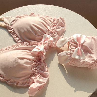 Rózsaszín Kawaii melltartó szett Lolita Girl Dream fehérnemű japán pamut csipke édes és aranyos cső felső vezeték nélküli melltartó és bugyi szett