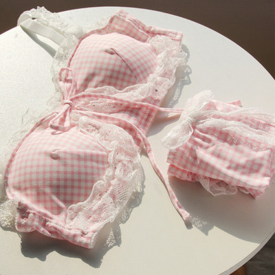 Rózsaszín Kawaii melltartó szett Lolita Girl Dream fehérnemű japán pamut csipke édes és aranyos cső felső vezeték nélküli melltartó és bugyi szett