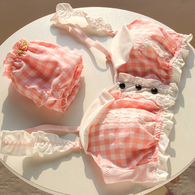 Rózsaszín Kawaii melltartó szett Lolita Girl Dream fehérnemű japán pamut csipke édes és aranyos cső felső vezeték nélküli melltartó és bugyi szett