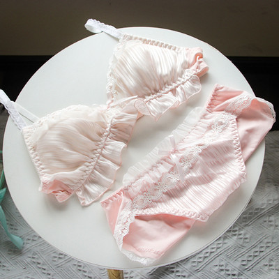 Rózsaszín Kawaii melltartó szett Lolita Girl Dream fehérnemű japán pamut csipke édes és aranyos cső felső vezeték nélküli melltartó és bugyi szett