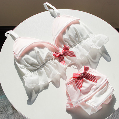Rózsaszín Kawaii melltartó szett Lolita Girl Dream fehérnemű japán pamut csipke édes és aranyos cső felső vezeték nélküli melltartó és bugyi szett