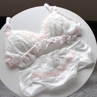 Rózsaszín Kawaii melltartó szett Lolita Girl Dream fehérnemű japán pamut csipke édes és aranyos cső felső vezeték nélküli melltartó és bugyi szett