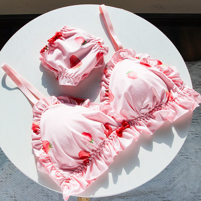 Rózsaszín Kawaii melltartó szett Lolita Girl Dream fehérnemű japán pamut csipke édes és aranyos cső felső vezeték nélküli melltartó és bugyi szett