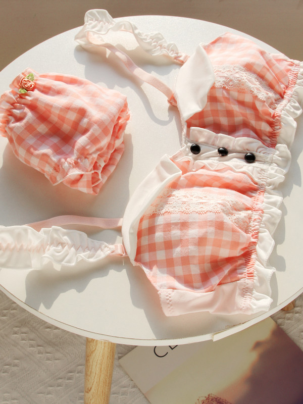 Rózsaszín Kawaii melltartó szett Lolita Girl Dream fehérnemű japán pamut csipke édes és aranyos cső felső vezeték nélküli melltartó és bugyi szett