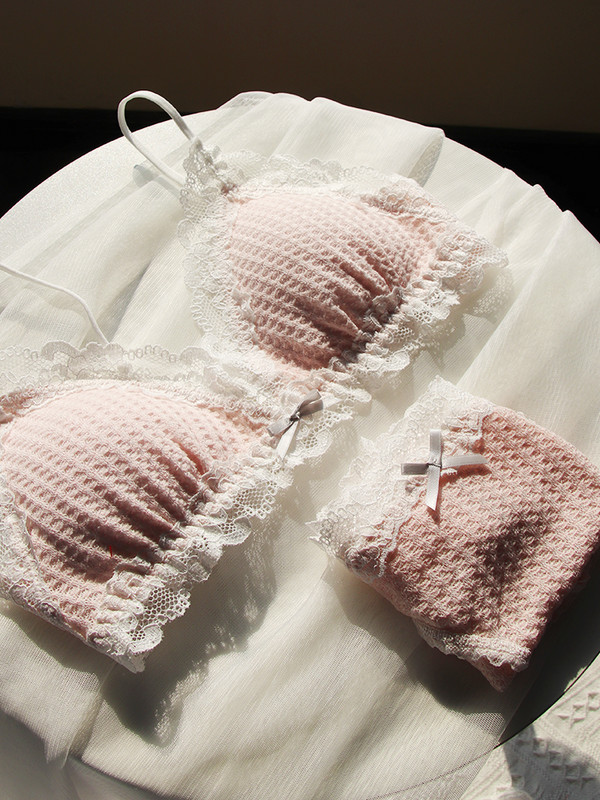 Rózsaszín Kawaii melltartó szett Lolita Girl Dream fehérnemű japán pamut csipke édes és aranyos cső felső vezeték nélküli melltartó és bugyi szett