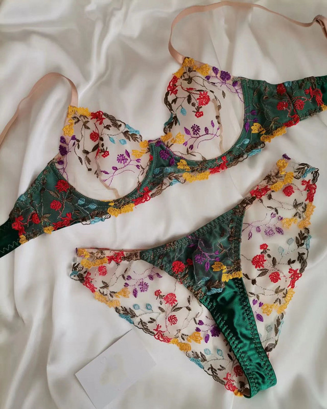 Yimunancy 2 dalių nėriniuotas liemenėlių rinkinys moteriškas siuvinėjimas žalias gėlėtas apatinių kelnaičių rinkinys Seksualus apatinio trikotažo rinkinys