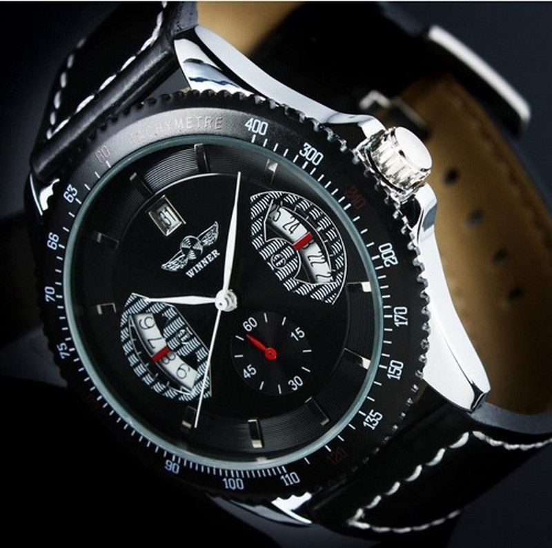 GYŐZTES Férfi divatos, autós, mechanikus karóra, bőr szíj, tárcsa, dátum kijelző, fordulatszámmérő, a legjobb márkájú luxus karóra