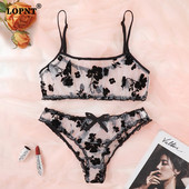 LOPNT moteriškas gėlėtas liemenėlės kelnaičių kostiumėlis, gražus juodas dėvių liemenėlių tinklelis, seksualus apatinio trikotažo rinkinys, permatomas apatinis trikotažas