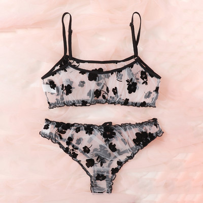 LOPNT moteriškas gėlėtas liemenėlės kelnaičių kostiumėlis, gražus juodas dėvių liemenėlių tinklelis, seksualus apatinio trikotažo rinkinys, permatomas apatinis trikotažas