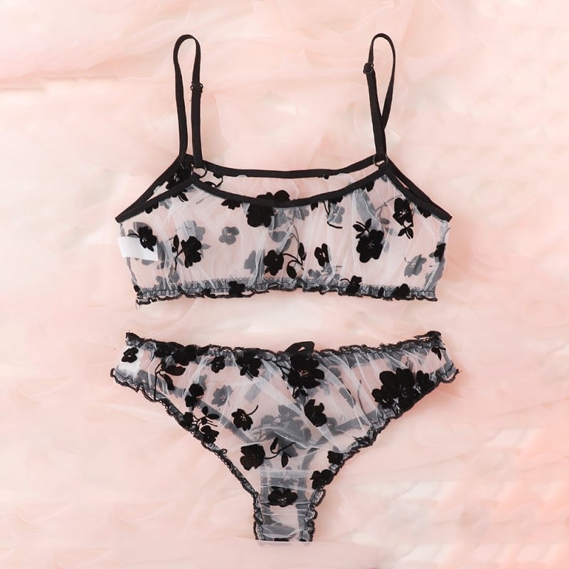 LOPNT moteriškas gėlėtas liemenėlės kelnaičių kostiumėlis, gražus juodas dėvių liemenėlių tinklelis, seksualus apatinio trikotažo rinkinys, permatomas apatinis trikotažas