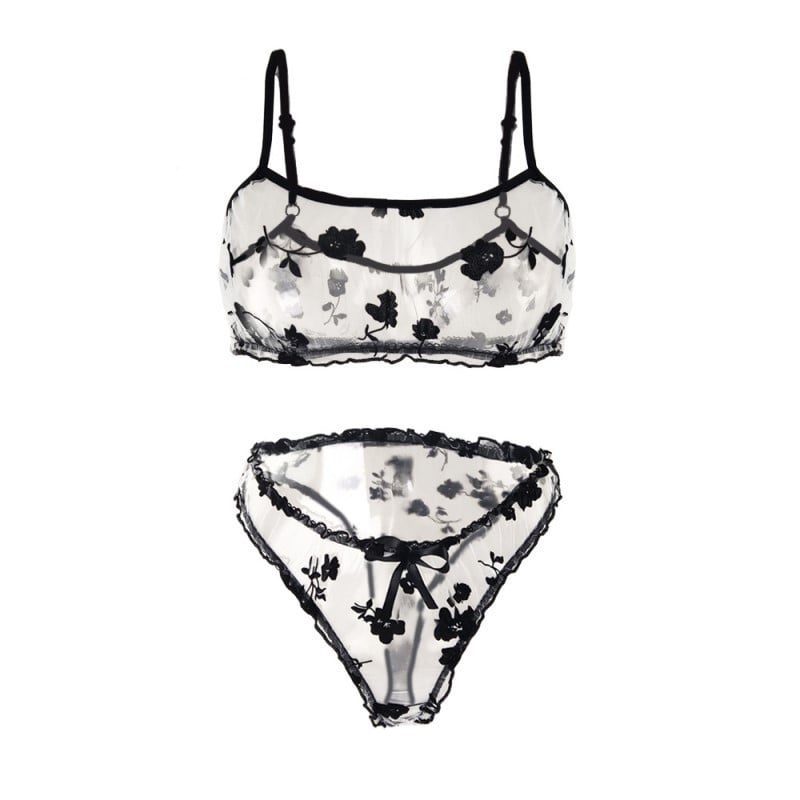 LOPNT moteriškas gėlėtas liemenėlės kelnaičių kostiumėlis, gražus juodas dėvių liemenėlių tinklelis, seksualus apatinio trikotažo rinkinys, permatomas apatinis trikotažas