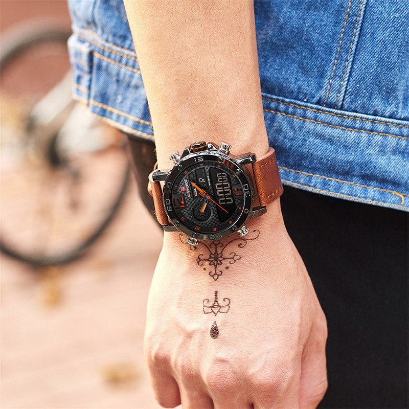 Férfi karórák luxus márkájú férfi bőr sport NAVIFORCE férfi karóra Quartz LED digitális óra vízálló katonai karóra 9134