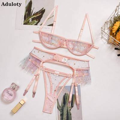 Aduloty Lace Hollow Sexy Krūšturis un Biksītes Set Bright Stars Girl Heart Apakšveļas Uzvalks Kontrasts Sequin Tīkla prievīte Apakšveļas Komplekts