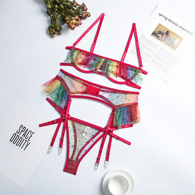 „Aduloty Lace Hollow“ seksualus liemenėlės ir kelnaičių rinkinys „Bright Stars Girl Heart“ apatinis trikotažas, kostiumas, kontrastingas, blizgučiai, tinklinis apatinio trikotažo apatinio trikotažo rinkinys