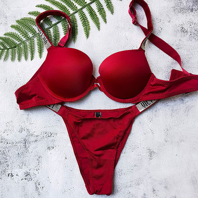 Naujas 2 dalių bikinių rinkinys raidėmis Sexy Bras Kalnų krištolas apatinis trikotažas Moteriški rinkiniai Rožinis Patogus Push Up Didelio dydžio liemenėlės kelnaičių apatinio trikotažo rinkinys