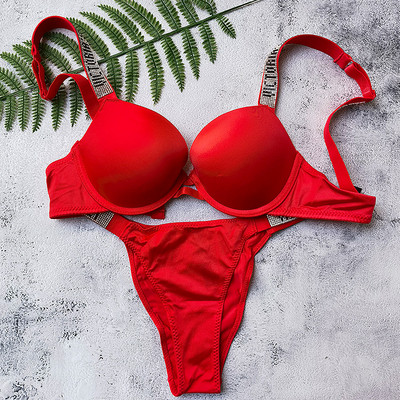 Naujas 2 dalių bikinių rinkinys raidėmis Sexy Bras Kalnų krištolas apatinis trikotažas Moteriški rinkiniai Rožinis Patogus Push Up Didelio dydžio liemenėlės kelnaičių apatinio trikotažo rinkinys