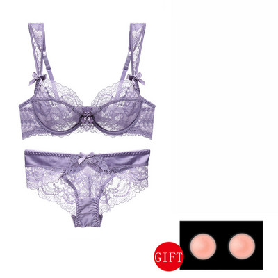 Violetinė moteriška seksualus apatinis trikotažas permatomas liemenėlės ir kelnaičių rinkiniai didelio dydžio siuvinėjimas Push Up nėrinių liemenėlė moteriškų apatinių rinkinys juodas