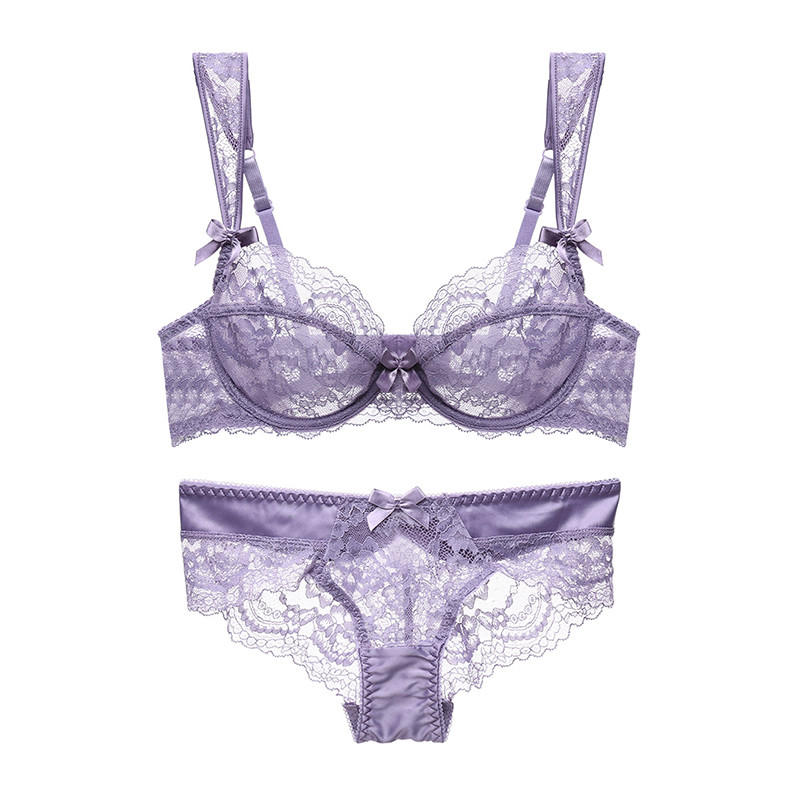 Violetinė moteriška seksualus apatinis trikotažas permatomas liemenėlės ir kelnaičių rinkiniai didelio dydžio siuvinėjimas Push Up nėrinių liemenėlė moteriškų apatinių rinkinys juodas