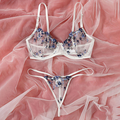 Dviejų dalių gėlių liemenėlių rinkinys moteriškas permatomas liemenėlės apatinis siūlas + apatinio trikotažo komplektas Moteriškas seksualus apatinio trikotažo rinkinys
