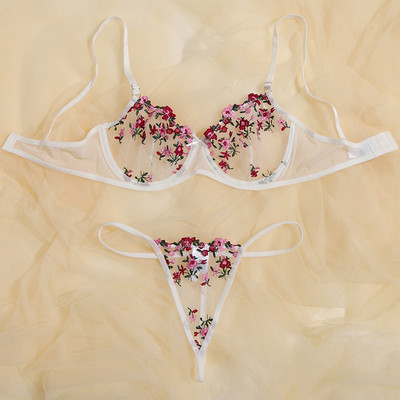 Dviejų dalių gėlių liemenėlių rinkinys moteriškas permatomas liemenėlės apatinis siūlas + apatinio trikotažo komplektas Moteriškas seksualus apatinio trikotažo rinkinys