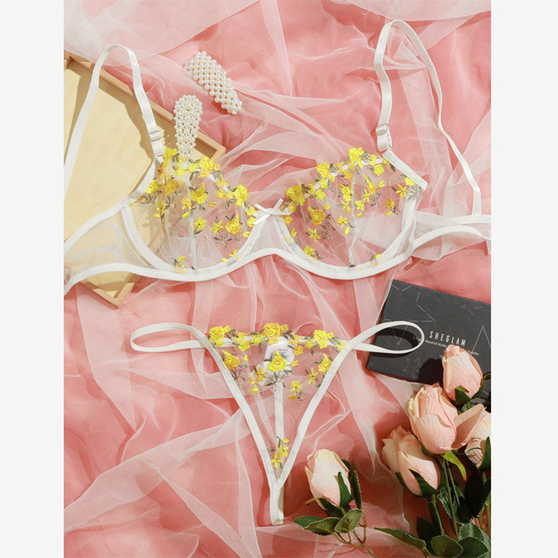 Dviejų dalių gėlių liemenėlių rinkinys moteriškas permatomas liemenėlės apatinis siūlas + apatinio trikotažo komplektas Moteriškas seksualus apatinio trikotažo rinkinys