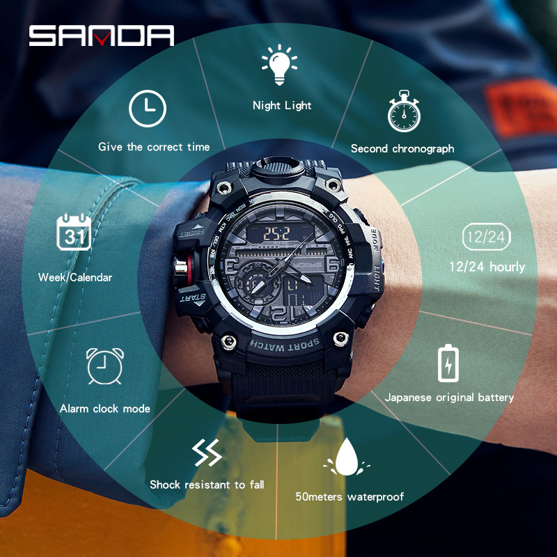 SANDA Military Férfi Sport Army karórák G stílusú Big Dial Analóg Digitális Kvarc Vízálló Férfi Karóra montre homme
