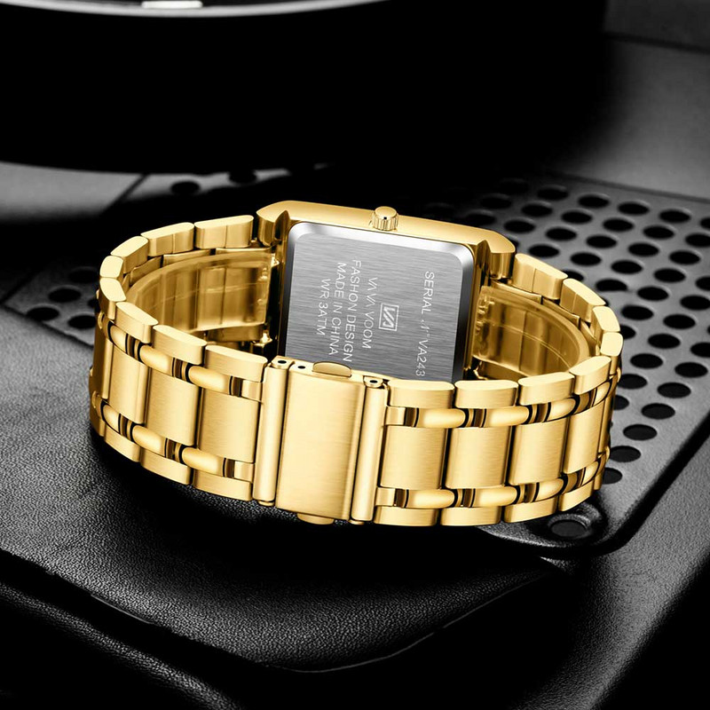 VAVAVOOM prabangūs auksiniai pilno plieno laikrodžiai, vyriški kvadratiniai kvarciniai rankiniai vyriški sportiniai laikrodžiai, atsparūs vandeniui