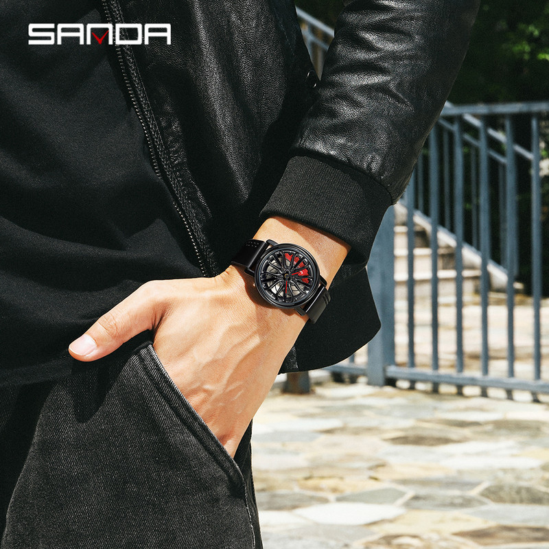 Hot Sell Fashion Férfi kvarc karóra kreatív 360 fokban forgó autós kvarc karóra bőr vízálló felni agy óra férfi