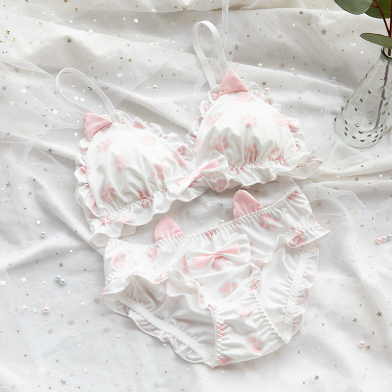 Fehérnemű szett Női Kawaii japán melltartó és bugyi szett vezeték nélküli puha fehérnemű alvó intim szett Aranyos Lolita melltartó és bugyi szett