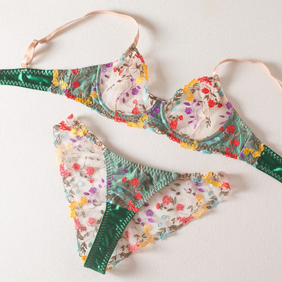 GIOIO Erotiniai gėlių siuvinėjimo liemenėlės ir prabangių kelnaičių ansamblis Sexy Lingerie Moteriškas necenzūruotas permatomas nėriniuotas itin plonas apatinis trikotažas
