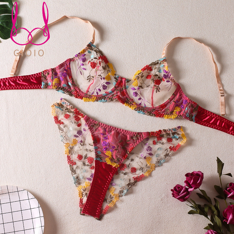 GIOIO Erotiniai gėlių siuvinėjimo liemenėlės ir prabangių kelnaičių ansamblis Sexy Lingerie Moteriškas necenzūruotas permatomas nėriniuotas itin plonas apatinis trikotažas