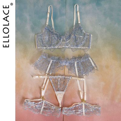 Ellolace Csipke Szexi Fehérnemű Erotikus Fehérnemű Hímzés Átlátszó Melltartó és G-Strings Harisnyakötők Rövid készletek Fehérnemű szett