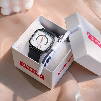 Vyriškas laikrodis su kvadratiniu ciferblatu ir odiniu dirželiu