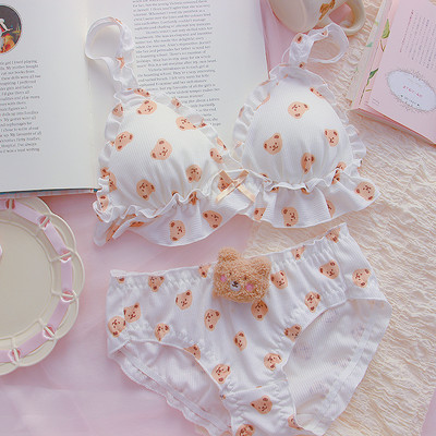 Little Bear krūšturis un biksīšu komplekts Kawaii Lolita Push Up krūšturis polsterēts multfilmas japāņu meitenei mīksts, gudrs apakšveļas plāns krūšturis bralette komplekts