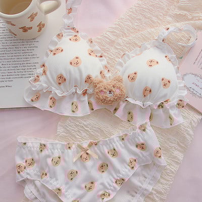 Little Bear rinnahoidja ja aluspükste komplekt Kawaii Lolita Push Up rinnahoidja, polsterdatud multikas Jaapani tüdrukule Pehme armas aluspesu õhuke rinnahoidja bralette komplekt