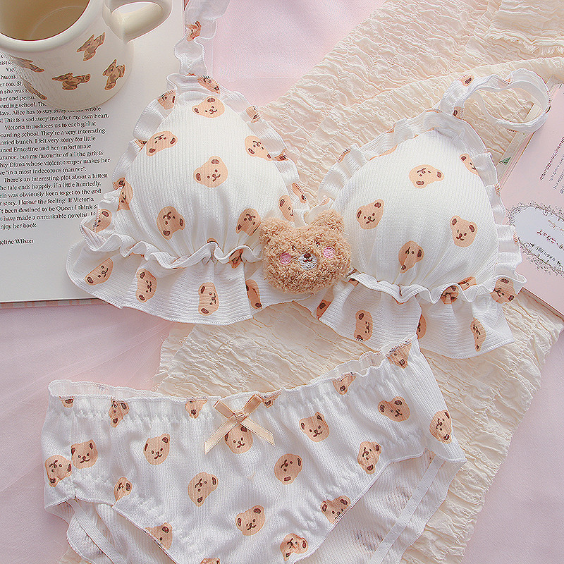 Little Bear rinnahoidja ja aluspükste komplekt Kawaii Lolita Push Up rinnahoidja, polsterdatud multikas Jaapani tüdrukule Pehme armas aluspesu õhuke rinnahoidja bralette komplekt